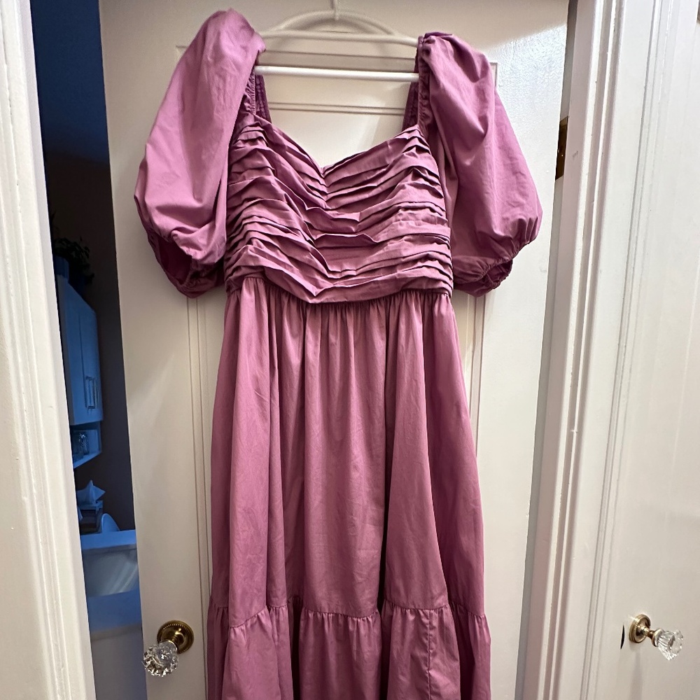 The A&F Emerson Poplin Puff Sleeve Midi Dress Purple